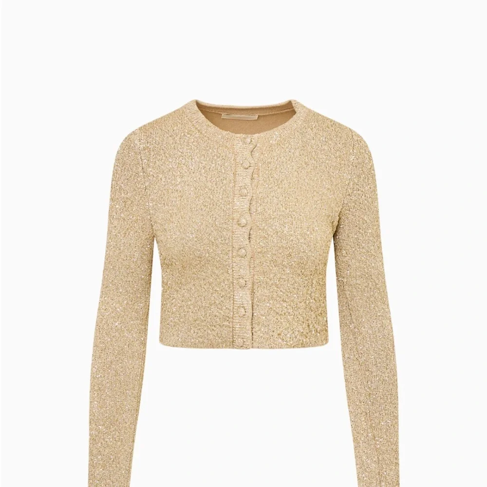 LoveShackFancy Ferra Sequin Stretch Knit Cardigan Color:Honey Gold NWT